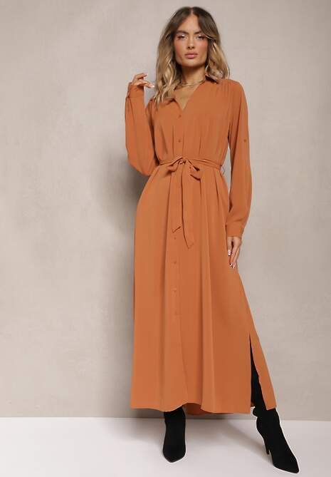 Brązowa Casualowa Sukienka Koszulowa na Guziki z Kieszeniami Jezebel