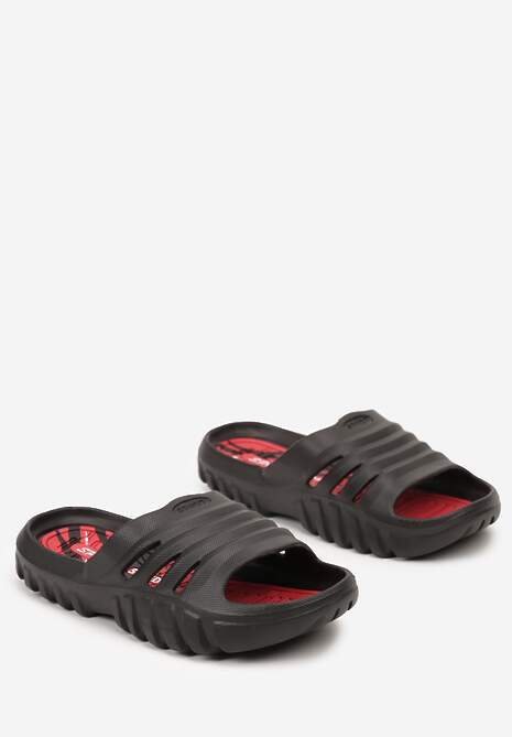 Czarne Klapki Płaskie z Pianki Ozdobione Tłoczeniem i Wycięciami Uretta