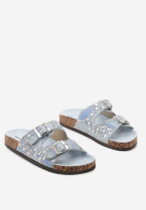 Niebieskie Płaskie Klapki z Imitacji Skóry z Klamrami Ozdobione Cyrkoniami i Kamykami Allenda