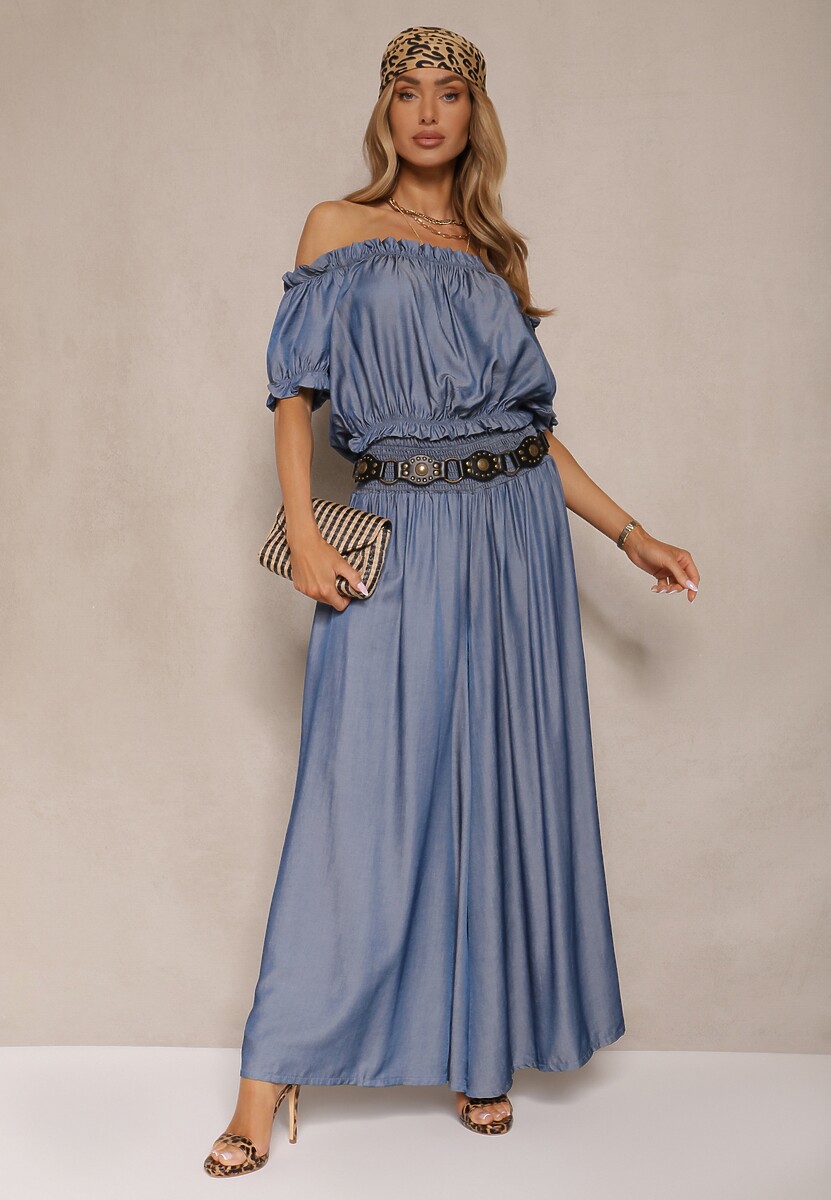 Niebieski Wiskozowy Komplet Spodnie o Szerokim Kroju i Bluzka Hiszpanka Efrileya