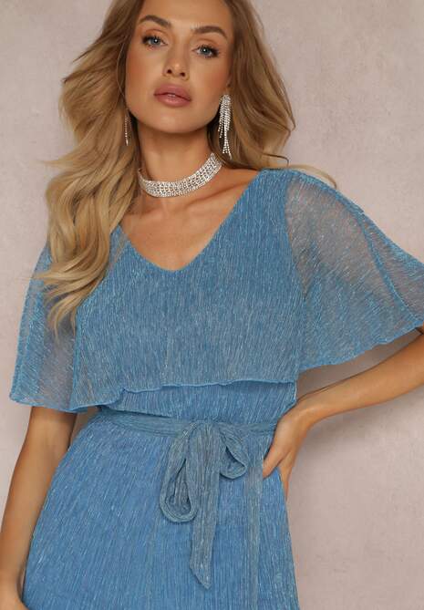 Niebieski Kombinezon z Szerokimi Nogawkami i Ozdobną Narzutką Phedia