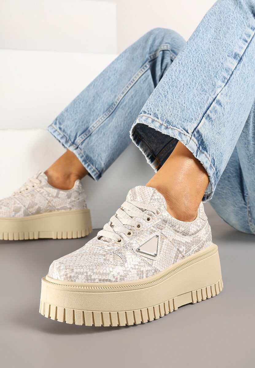 Beżowe Sneakersy na Platformie z Tłoczeniem Halinea