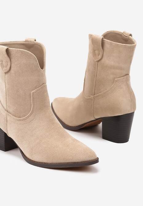 Ciemnobeżowe Botki Vices w Stylu Kowbojek na Słupku Velfedi