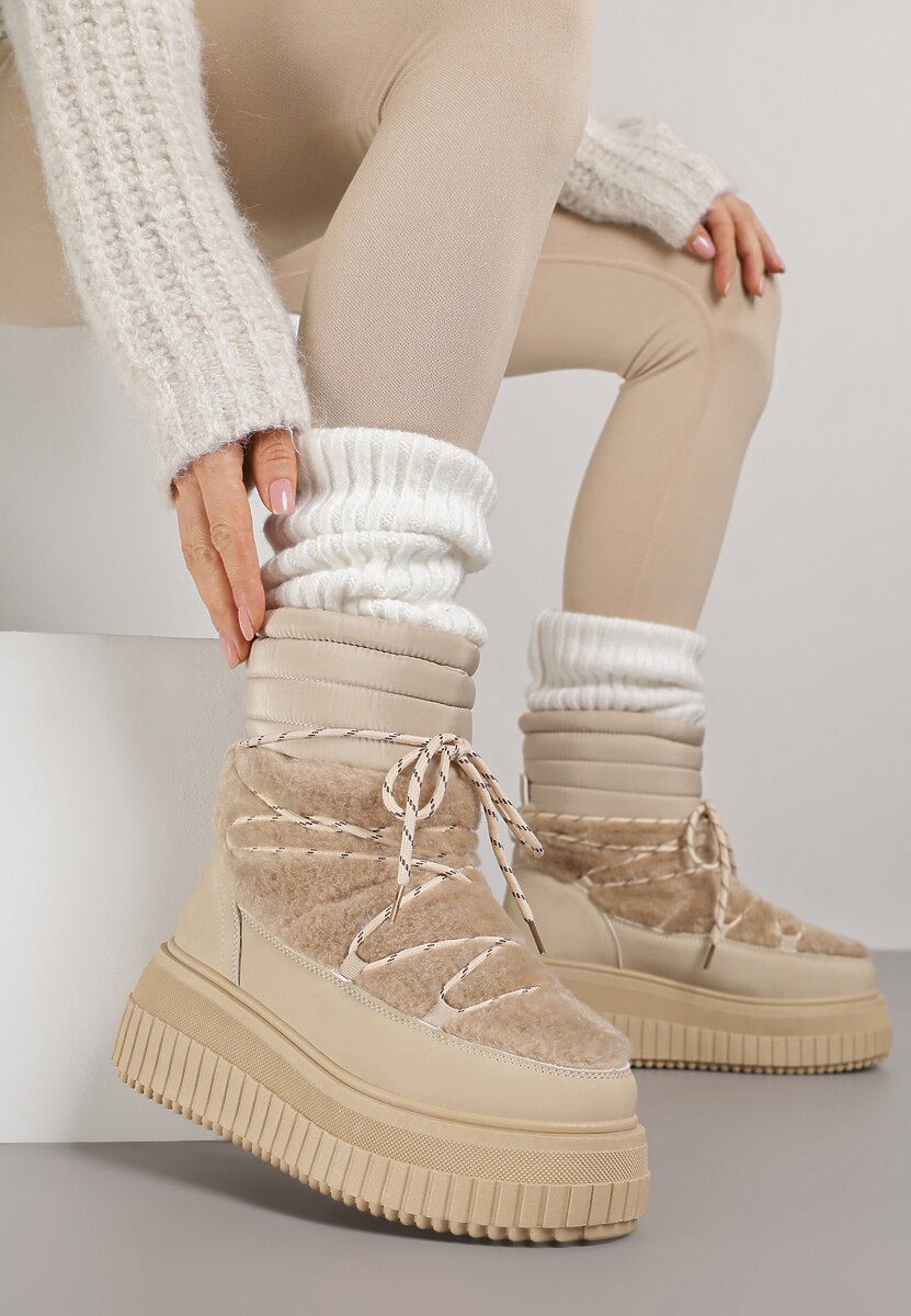 Ciemnobeżowe Śniegowce na Platformie z Tłoczeniem Ozdobione Futerkiem i Pikowaniem Adallie