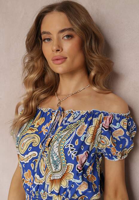 Niebieska  Bawełniana Sukienka Maxi z Hiszpańskim Dekoltem i Cienkimi Gumkami w Talii Alarina