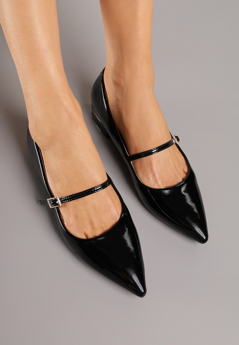 Czarne Balerinki Lakierowane Vices z Wkładką ze Skóry Naturalnej Ozdobione Paskiem Tikkie