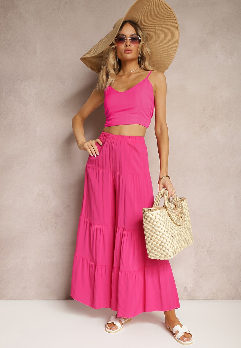 Fioletowe Spodnie z Szerokimi Nogawkami Palazzo z Falbankami i Gumką w Pasie Dimlin