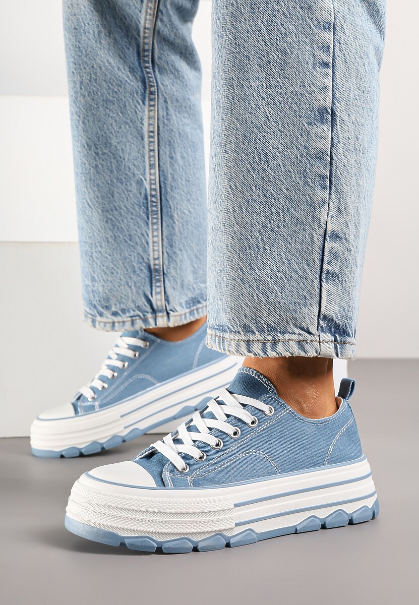 Niebieskie Trampki na Platformie z Paskami i Niską Cholewką Zienelle