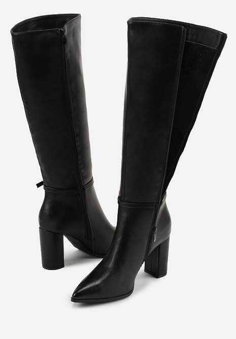 Czarne Kozaki na Słupkowym Obcasie z Noskiem w Szpic i Klamerką na Pasku Levitta