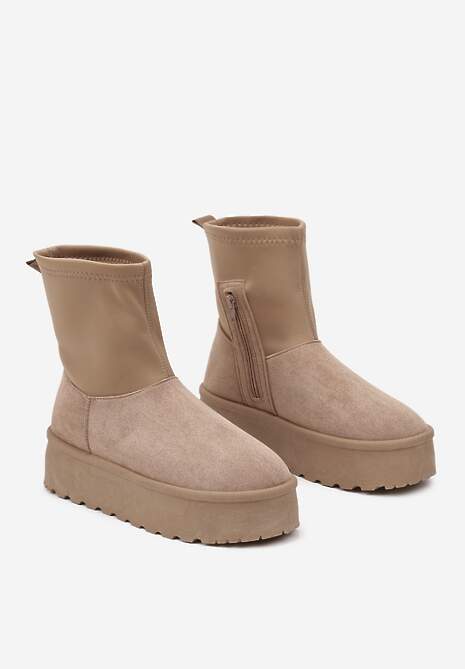 Ciemnobeżowe Śniegowce na Platformie z Elastyczną Cholewką Linnastra