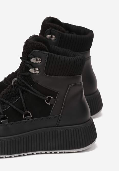 Czarne Śniegowce Trapery Vices na Płaskiej Podeszwie z Futerkiem w Stylu Baranka ze Sznurowaniem Temirits
