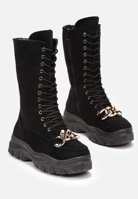 Czarne Sznurowane Botki na Platformie z Ozdobnym Łańcuchem Duova