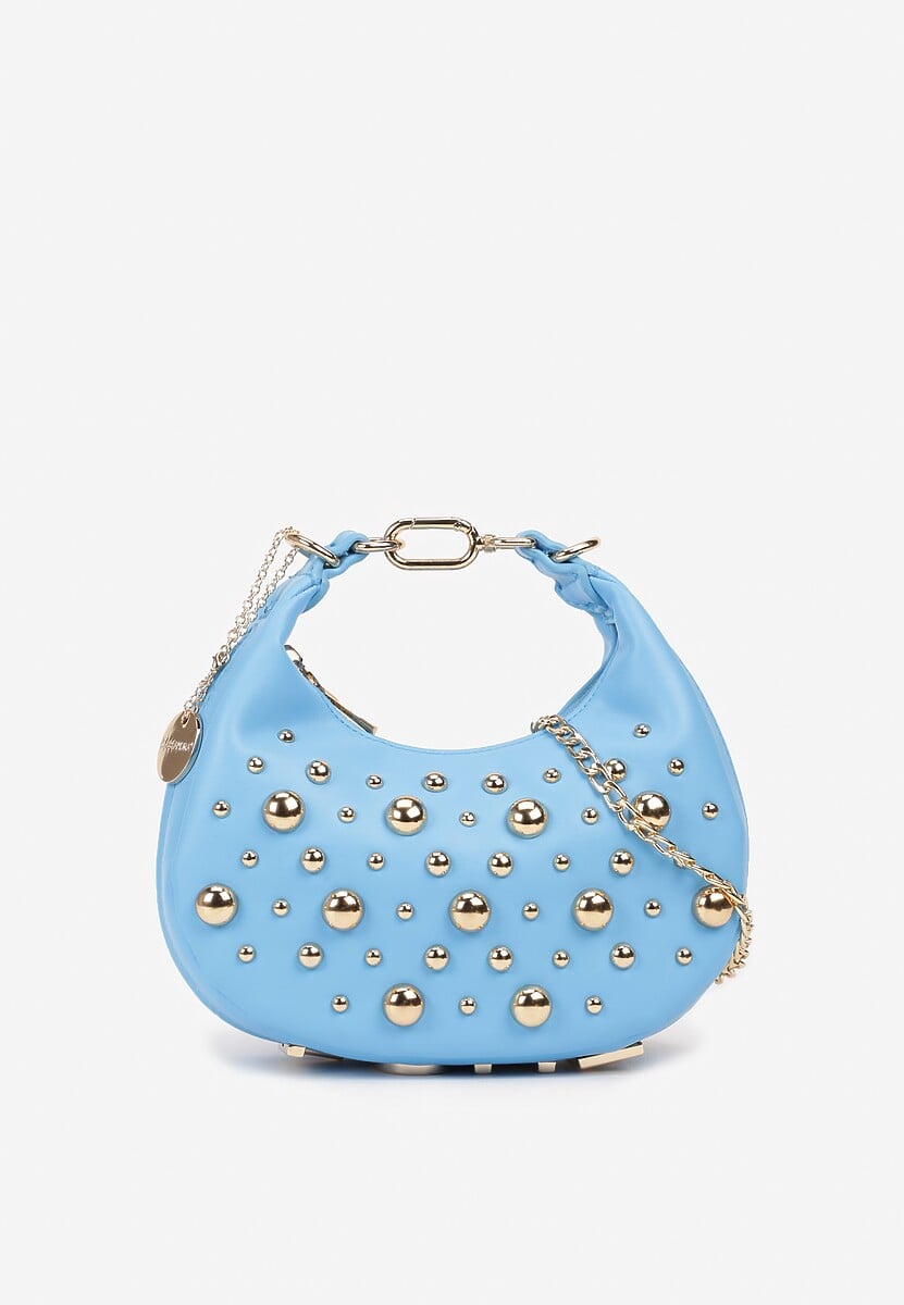 Niebieska Torebka Baguette z Napisem Love Łańcuszkiem i Wypukłymi Nitami Teresiel