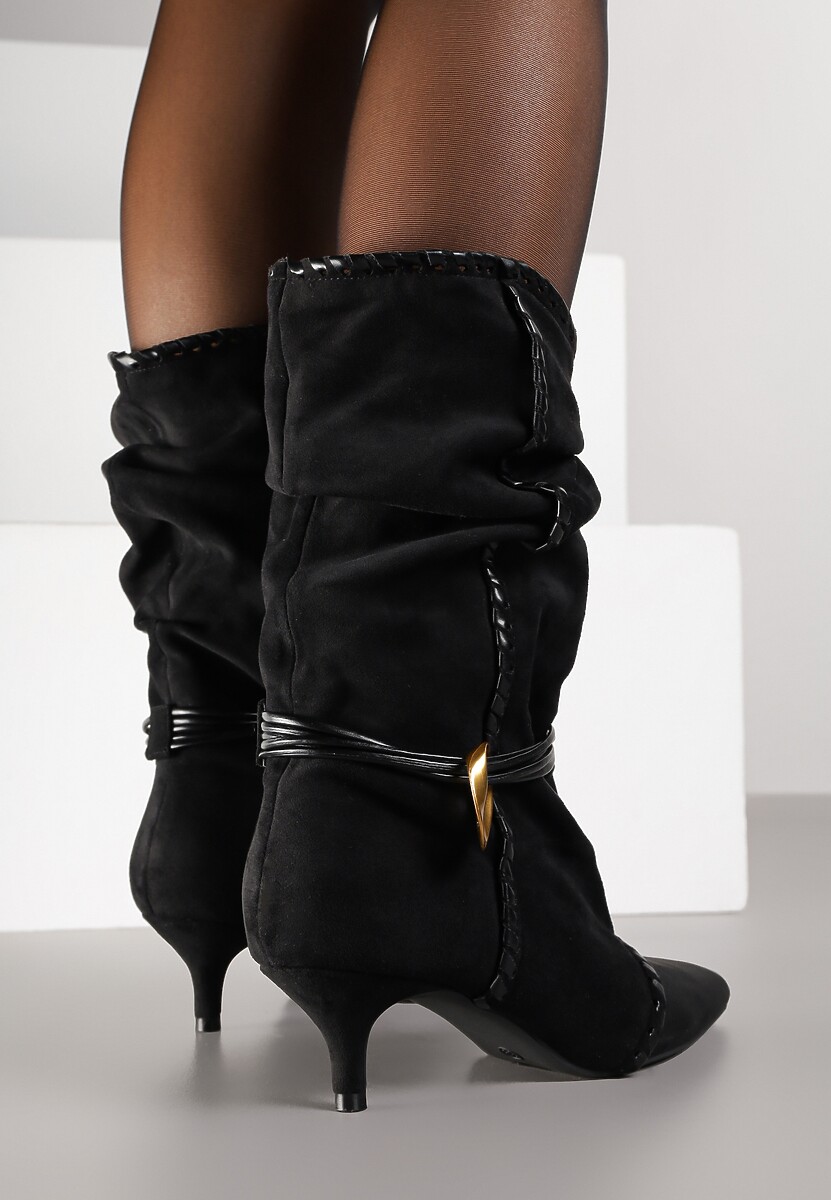 Czarne Botki na Kaczuszce Slouchy Ozdobione Metaliczną Aplikacją i Sznurkiem Avodvire