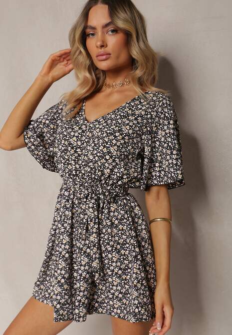 Czarno-Beżowy Taliowany Kombinezon z Materiałowym Paskiem i Gumką w Pasie Wykończony Guzikiem z Tyłu Penilla