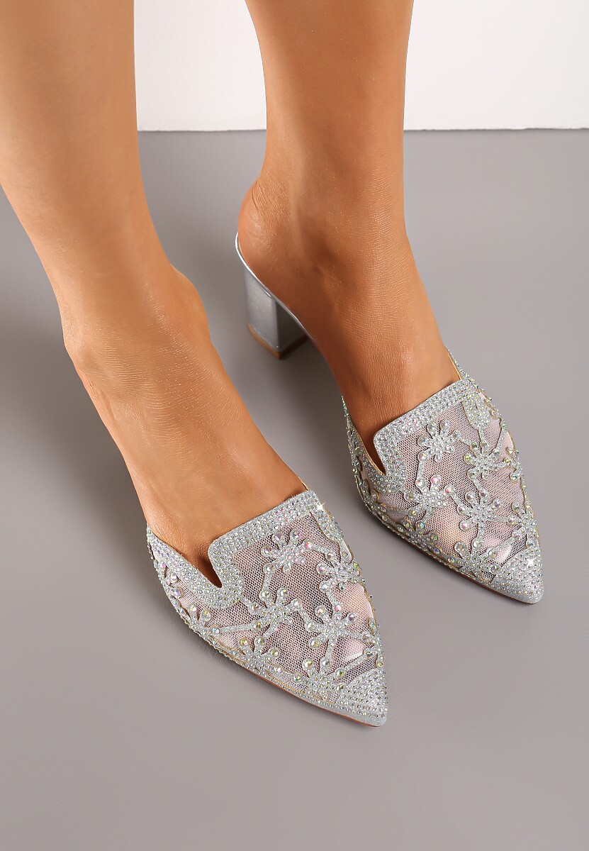 Srebrne Klapki Mule na Słupku z Cyrkoniami na Szpiczastym Nosku Milith