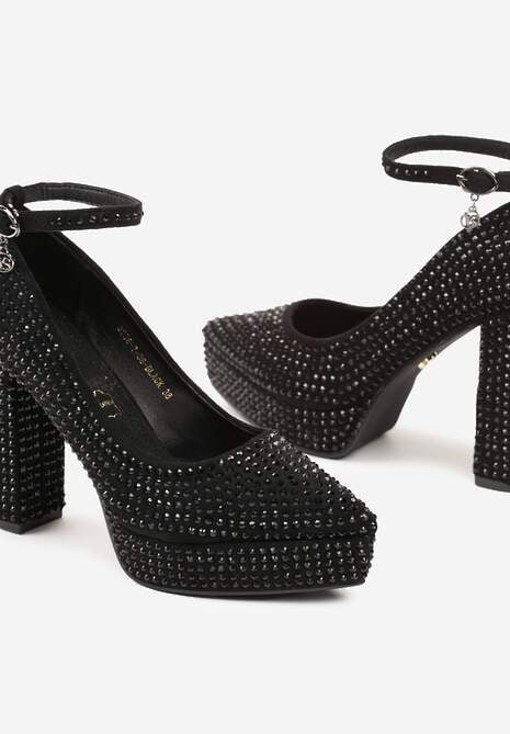 Czarne Czółenka Vices na Słupku i Platformie z Wkładką ze Skóry Naturalnej Ozdobione Cekinami i Aplikacją Liliwen
