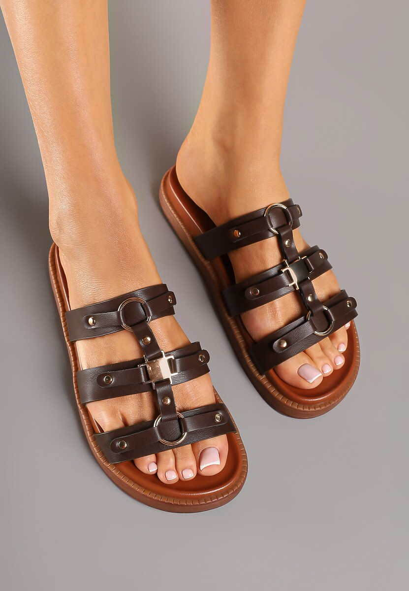 Ciemnobrązowe Klapki Zdobione Aplikacjami z Metalicznym Połyskiem Lisathea