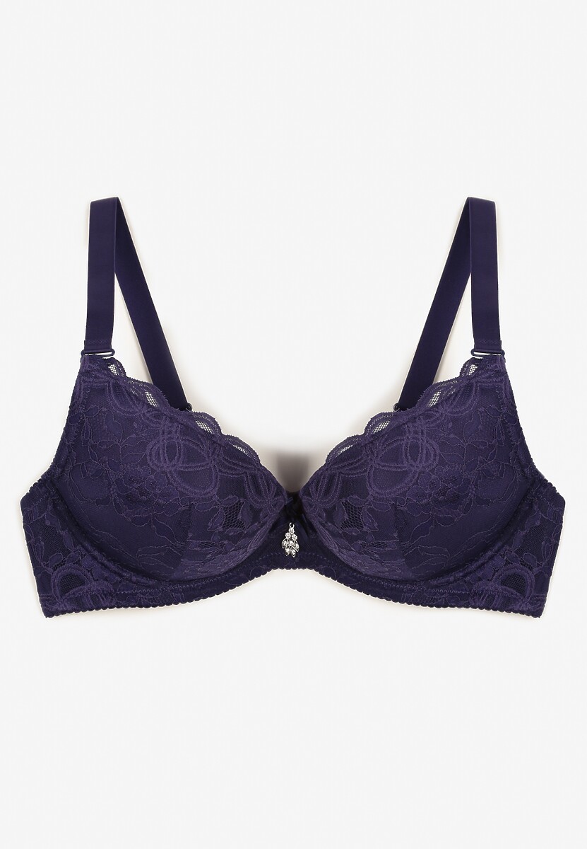 Granatowy Koronkowy Biustonosz Typu  Push Up z Metaliczną Ozdobą Nelisea
