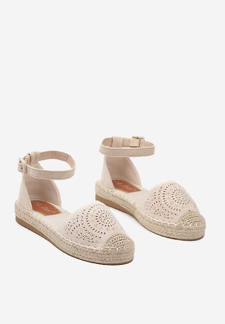 Beżowe Espadryle na Płaskiej Podeszwie z Ażurowym Zdobieniem Zapinane Wokół Kostki Vizimaia