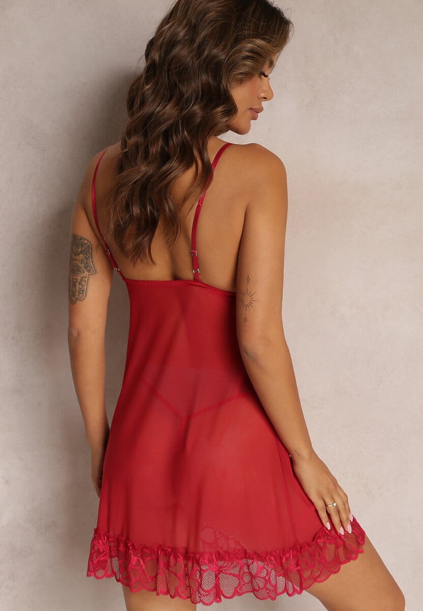 Bordowa Koronkowa Koszula Nocna na Ramiączkach ze Stringami Ambriego