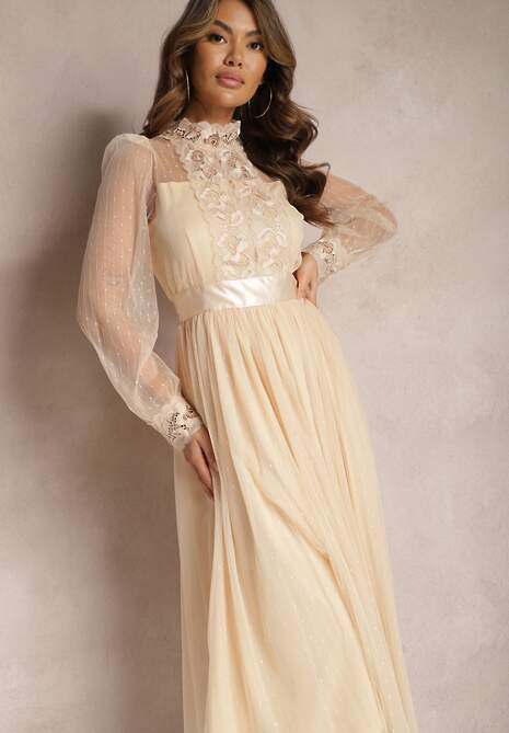 Beżowa Siateczkowa Sukienka Maxi o Rozkloszowanym Kroju z Ozdobną Koronką Narile