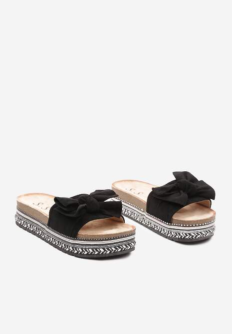 Czarne Casualowe Klapki na Płaskiej Ozdobnej Podeszwie z Kokardką Gladiara