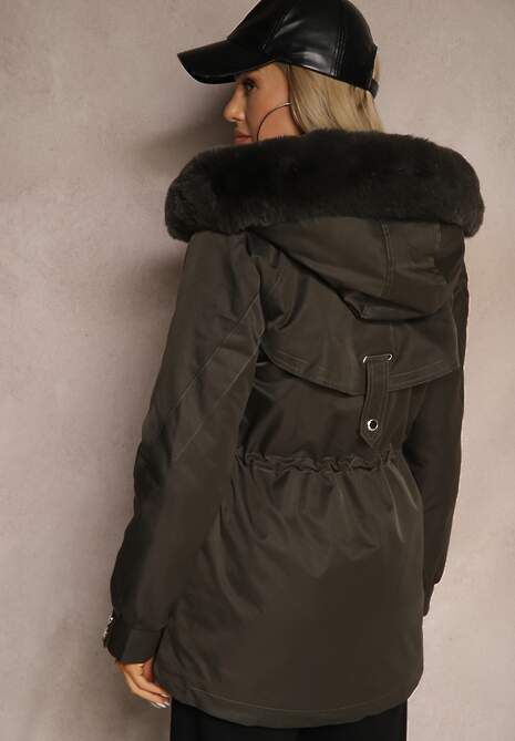 Ciemnozielona Kurtka Typu Parka z Kapturem i Futerkiem z Możliwością Odpięcia Marindria