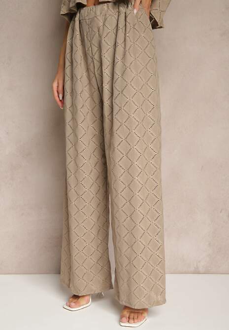 Jasnobrązowy Komplet o Ażurowym Wykończeniu Koszula i Długie Spodnie z Gumką w Pasie Bemvia
