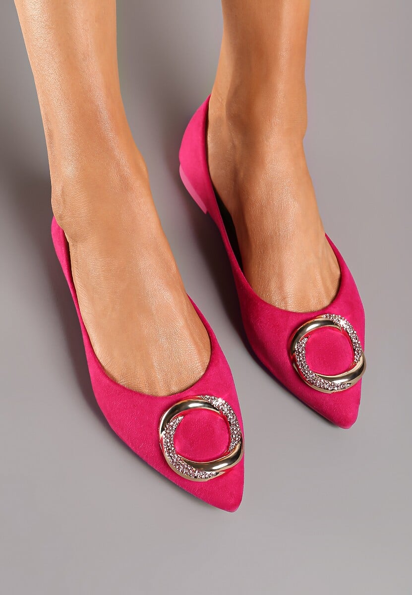 Fuksjowe Balerinki na Płaskiej Podeszwie z Metalową Aplikacją Ozdobioną Cyrkonami Frapapia