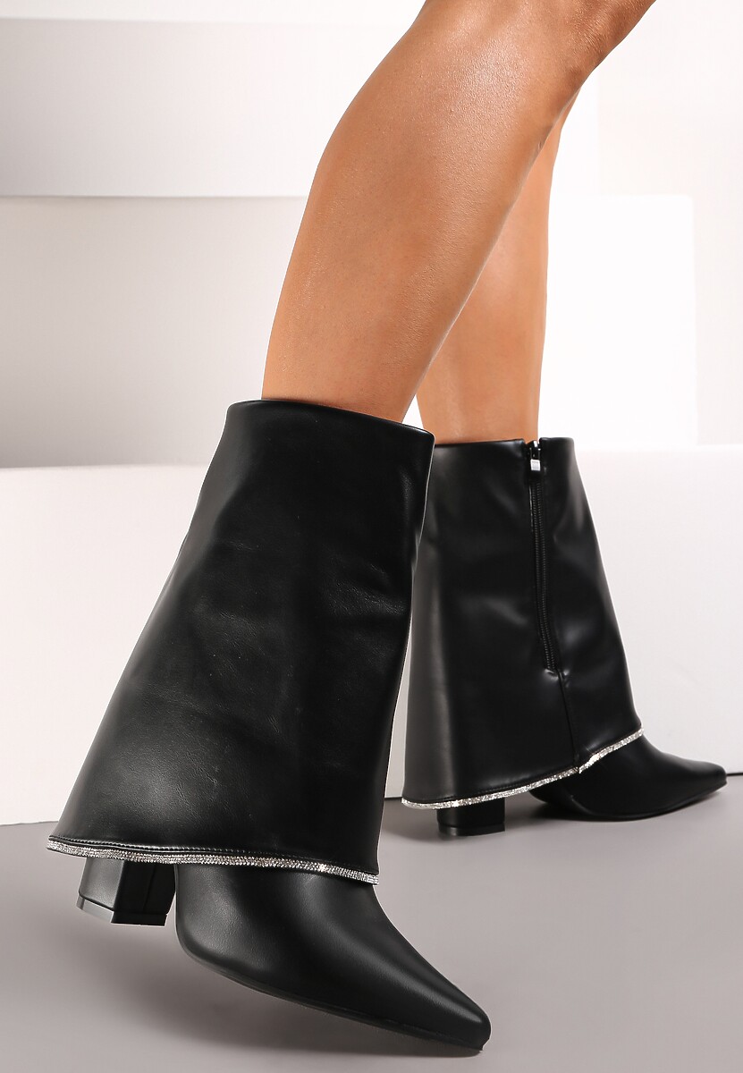 Czarne Botki na Słupku z Wywiniętą Cholewką w Cyrkonie Vabane