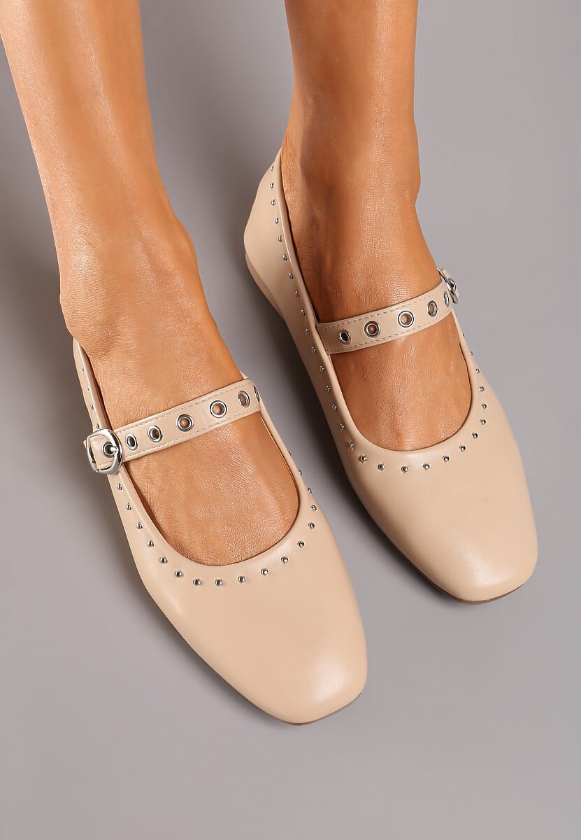 Beżowe Balerinki na Płaskiej Podeszwie Mary Jane z Ćwiekami Bialonna