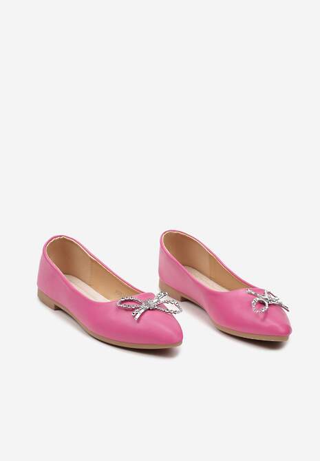 Różowe Balerinki na Płaskiej Podeszwie ze Skórzaną Wkładką Ozdobione Kokardką z Cyrkonii Tiavana