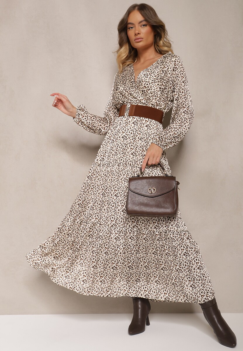 Brązowa Kopertowa Sukienka w Panterkę o Rozkloszowanym Kroju Ozdobiona Paskiem z Klamrą Rinalia