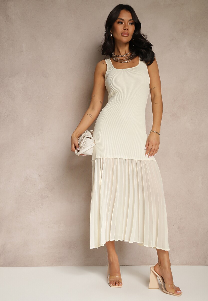 Beżowa Taliowana Sukienka na Ramiączkach z Prążkowanej Tkaniny z Tiulem Nolzedi