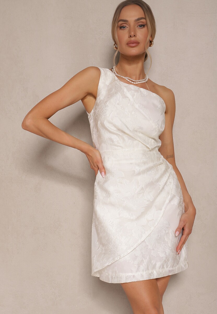 Różowa Sukienka w Kwiaty o Taliowanym Fasonie z Asymetryczną Górą na Jedno Ramię Halavira