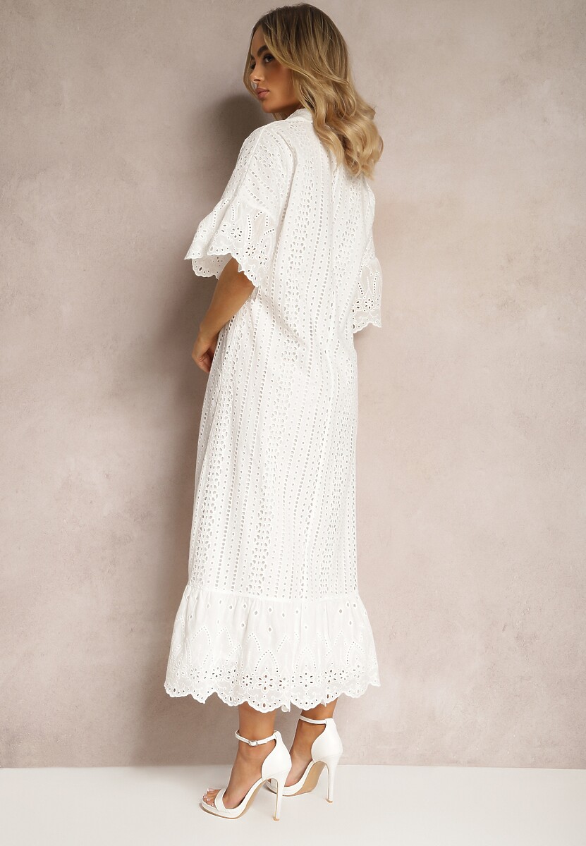 Biała Koronkowa Sukienka z Bawełny z Rękawem 3/4 o Rozszerzanym Kroju z Falbanką Mines