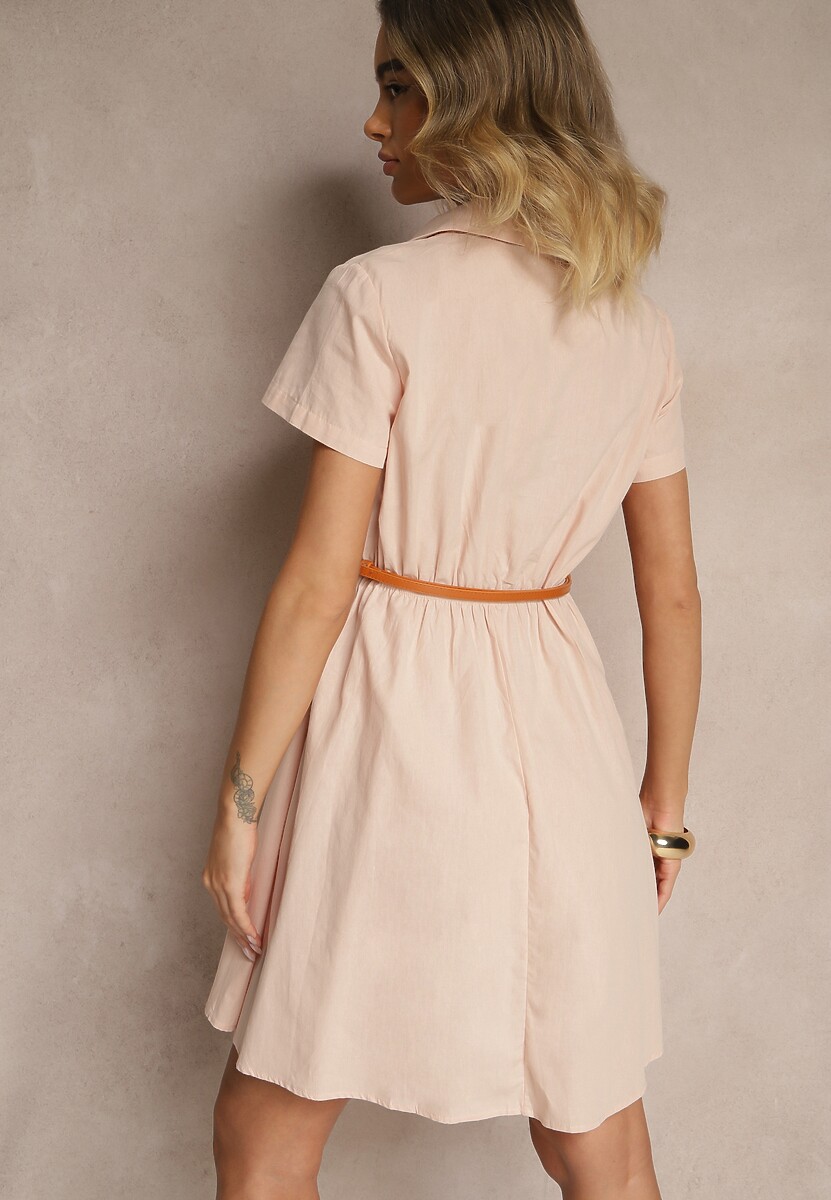 Różowa Sukienka Koszulowa z Cienkim Paskiem w Talii Weolessa