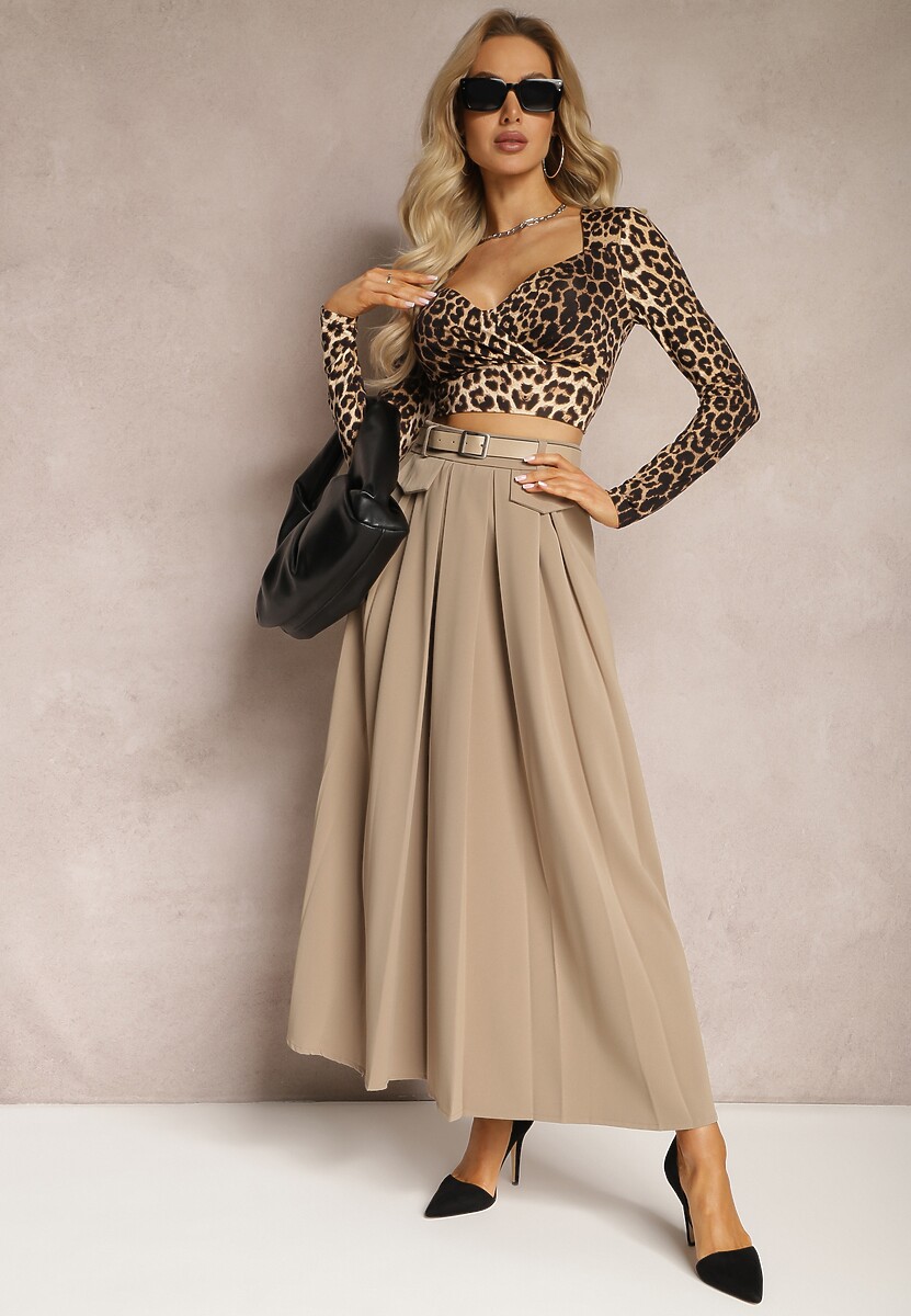 Ciemnoszara Plisowana Spódnica o Rozkloszowanym Fasonie z Paskiem Madranima