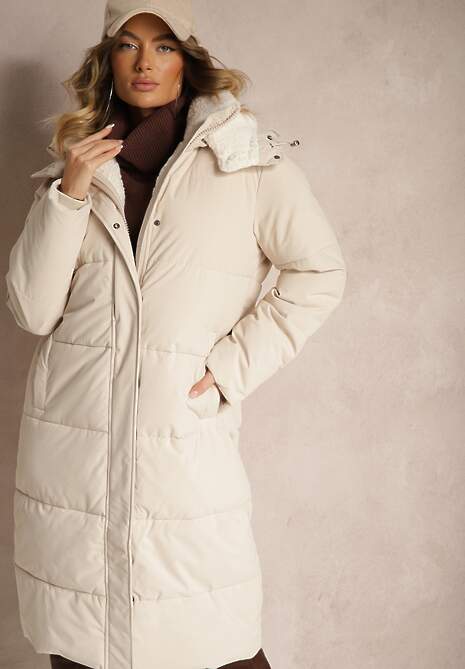 Jasnobeżowa Pikowana Kurtka o Długim Kroju z Odpinanym Kapturem i Kieszeniami Etanore