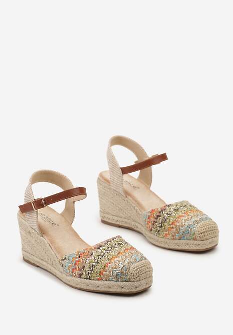 Beżowo-Zielone Plecione Sandały na Koturnie z Kwadratowym Noskiem i Paskiem Przy Kostce Crilis
