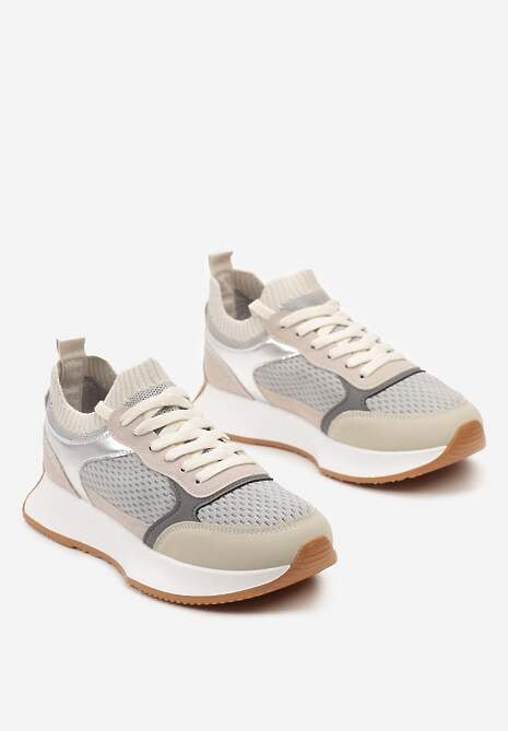 Szaro-Beżowe Wsuwane Sneakersy na Platformie ze Sznurowaniem i Metalicznymi Wstawkami Nercea