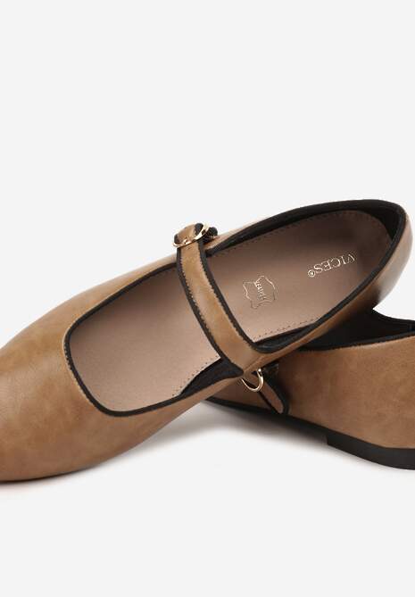 Ciemnobeżowe Balerinki Vices z Wkładką ze Skóry Naturalnej Ozdobione Paskiem Patantie