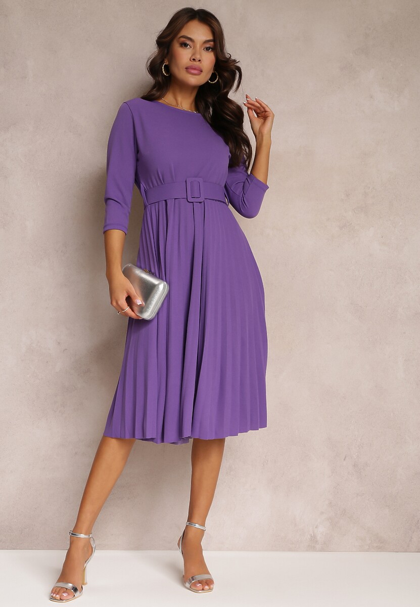 Ciemnofioletowa Sukienka Plisowana z Paskiem Valfe
