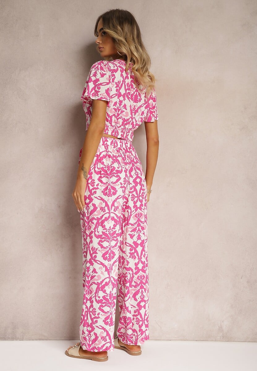Fuksjowy Bawełniany Komplet Letni Spodnie z Gumką w Pasie i Krótka Bluzka Pavilia