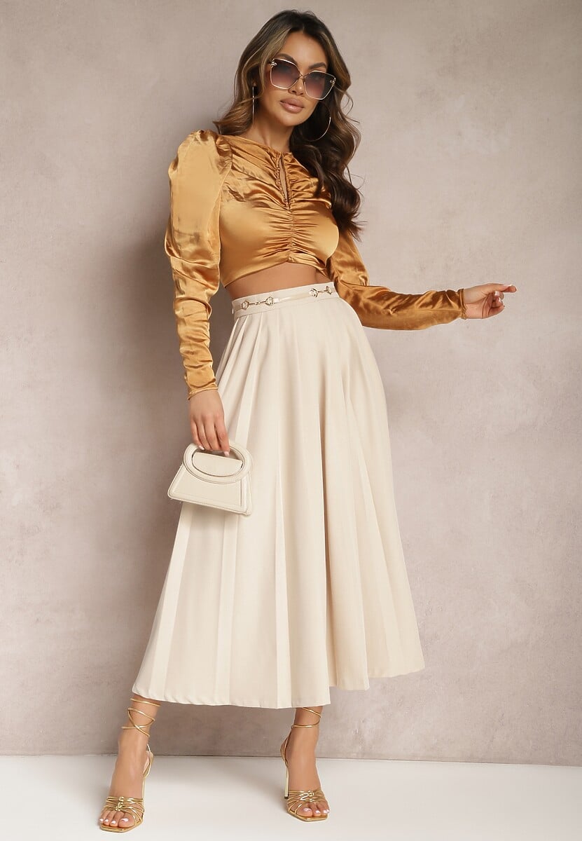 Jasnobeżowa Rozkloszowana Spódnica z Szerokimi Plisami i Klamerkami na Wysokości Talii Elanara
