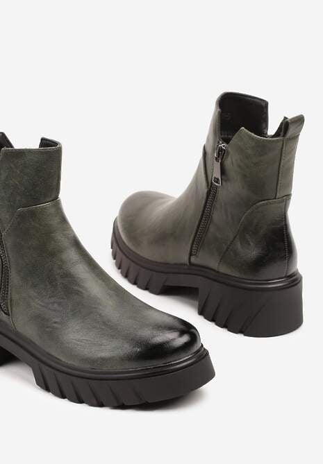 Zielone Botki do Kostki z Suwakiem na Grubej Podeszwie z Tłoczeniami Redvira