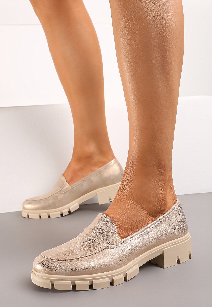 Złote Mokasyny ze Skórzaną Wkładką i Grubą Ozdobną Podeszwą Viole