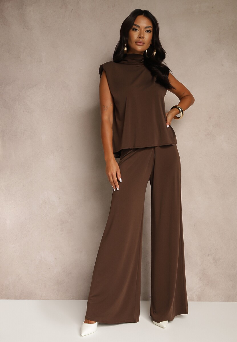 Czarny Komplet Spodnie o Szerokim Kroju i Bluzka Ozdobiona Wiązaniem Halomia