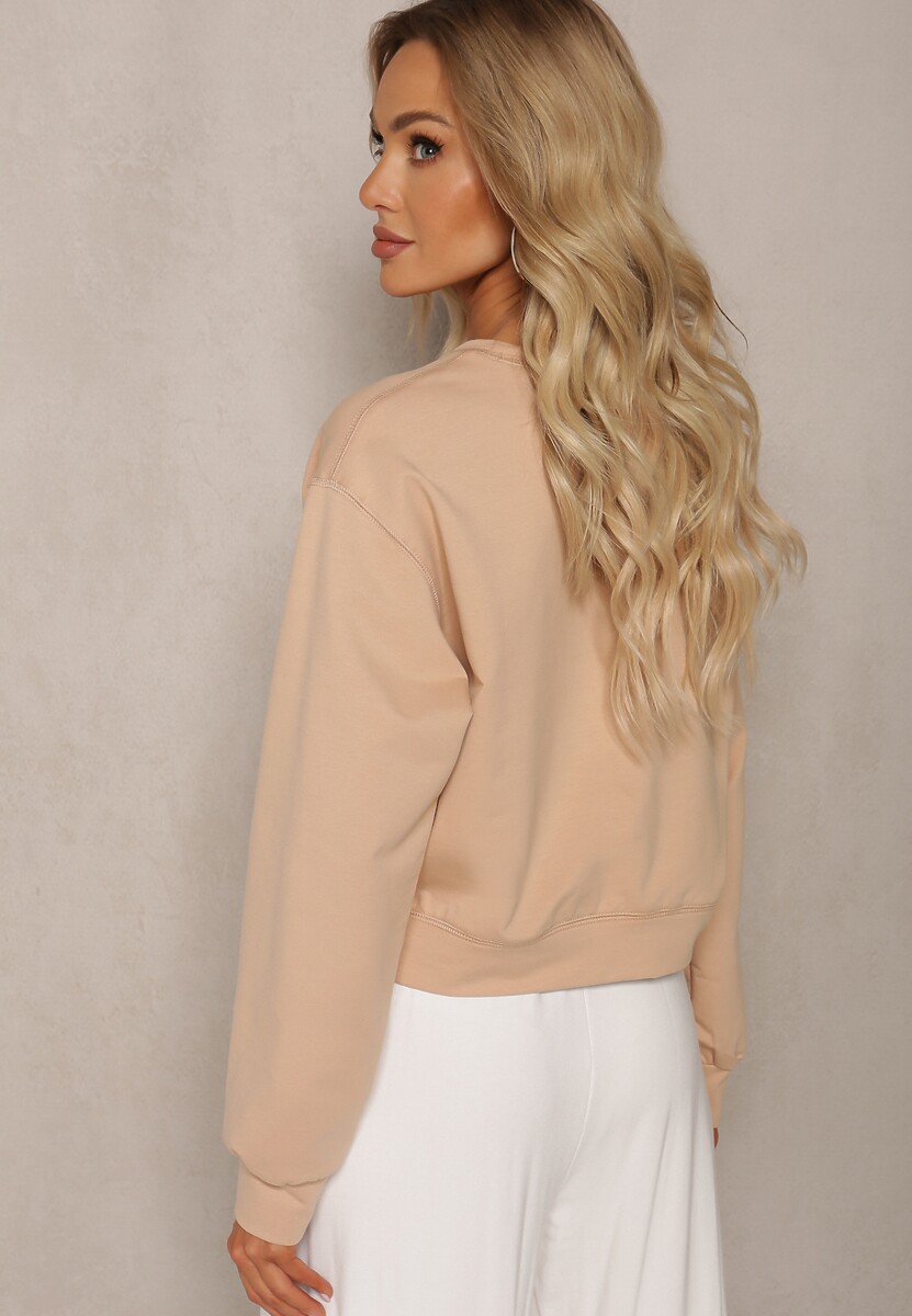 Beżowa Oversize Bluza z Bawełny o Krótkim Fasonie Sibolla